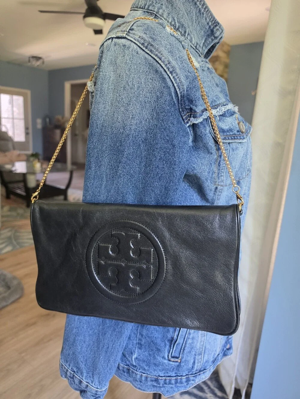 Tory Burch Black Leather Logo Chain Clutch